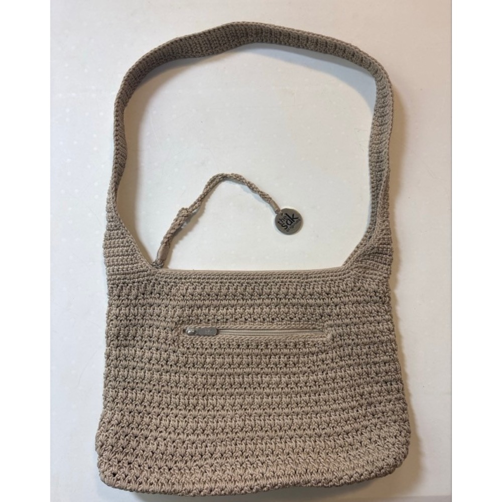 The Sak Originals Crochet Shoulder Bag Tan Beige Boho Knit Hobo Purse Charm